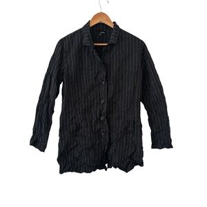 Sun Kim Crinkle Tunic Top Womens Size S Black Stripe Button Up Lagenlook Travel